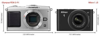 Größenvergleich: OM System PEN E-P1 vs. Nikon 1 J3 Größenvergleich: OM System PEN E-P1 vs. Nikon 1 J3