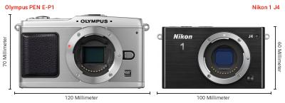 Größenvergleich: OM System PEN E-P1 vs. Nikon 1 J4 Größenvergleich: OM System PEN E-P1 vs. Nikon 1 J4