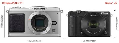 Größenvergleich: OM System PEN E-P1 vs. Nikon 1 J5 Größenvergleich: OM System PEN E-P1 vs. Nikon 1 J5