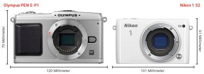 Größenvergleich: OM System PEN E-P1 vs. Nikon 1 S2 Größenvergleich: OM System PEN E-P1 vs. Nikon 1 S2