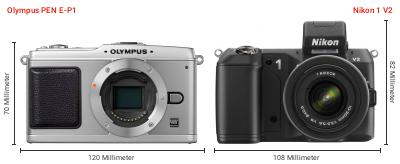 Größenvergleich: OM System PEN E-P1 vs. Nikon 1 V2 Größenvergleich: OM System PEN E-P1 vs. Nikon 1 V2