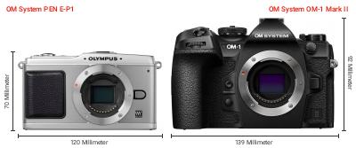Größenvergleich: OM System PEN E-P1 vs. OM System OM-1 Mark II Größenvergleich: OM System PEN E-P1 vs. OM System OM-1 Mark II