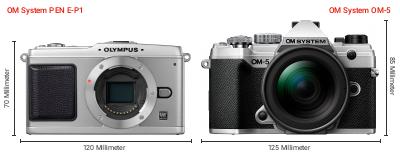 Größenvergleich: OM System PEN E-P1 vs. OM System OM-5 Größenvergleich: OM System PEN E-P1 vs. OM System OM-5