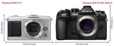Größenvergleich: OM System PEN E-P1 vs. OM System OM-D E-M1 Mark II Größenvergleich: OM System PEN E-P1 vs. OM System OM-D E-M1 Mark II