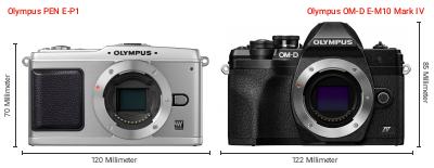Größenvergleich: OM System PEN E-P1 vs. OM System OM-D E-M10 Mark IV Größenvergleich: OM System PEN E-P1 vs. OM System OM-D E-M10 Mark IV