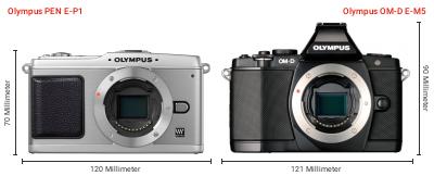 Größenvergleich: OM System PEN E-P1 vs. OM System OM-D E-M5 Größenvergleich: OM System PEN E-P1 vs. OM System OM-D E-M5