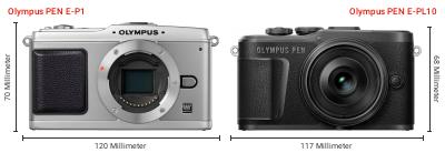 Größenvergleich: OM System PEN E-P1 vs. OM System PEN E-PL10 Größenvergleich: OM System PEN E-P1 vs. OM System PEN E-PL10
