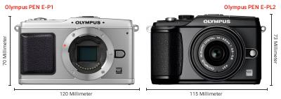Größenvergleich: OM System PEN E-P1 vs. OM System PEN E-PL2 Größenvergleich: OM System PEN E-P1 vs. OM System PEN E-PL2