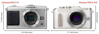 Größenvergleich: OM System PEN E-P1 vs. OM System PEN E-PL8 Größenvergleich: OM System PEN E-P1 vs. OM System PEN E-PL8