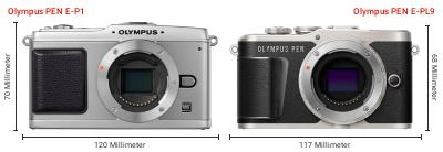 Größenvergleich: OM System PEN E-P1 vs. OM System PEN E-PL9 Größenvergleich: OM System PEN E-P1 vs. OM System PEN E-PL9