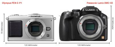 Größenvergleich: OM System PEN E-P1 vs. Panasonic Lumix DMC-G5 Größenvergleich: OM System PEN E-P1 vs. Panasonic Lumix DMC-G5