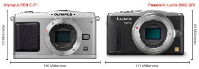 Größenvergleich: OM System PEN E-P1 vs. Panasonic Lumix DMC-GF6 Größenvergleich: OM System PEN E-P1 vs. Panasonic Lumix DMC-GF6