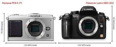 Größenvergleich: OM System PEN E-P1 vs. Panasonic Lumix DMC-GH2 Größenvergleich: OM System PEN E-P1 vs. Panasonic Lumix DMC-GH2