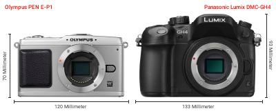 Größenvergleich: OM System PEN E-P1 vs. Panasonic Lumix DMC-GH4 Größenvergleich: OM System PEN E-P1 vs. Panasonic Lumix DMC-GH4