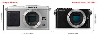 Größenvergleich: OM System PEN E-P1 vs. Panasonic Lumix DMC-GM1 Größenvergleich: OM System PEN E-P1 vs. Panasonic Lumix DMC-GM1