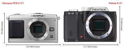 Größenvergleich: OM System PEN E-P1 vs. Pentax K-01 Größenvergleich: OM System PEN E-P1 vs. Pentax K-01