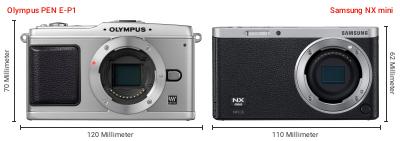 Größenvergleich: OM System PEN E-P1 vs. Samsung NX mini Größenvergleich: OM System PEN E-P1 vs. Samsung NX mini