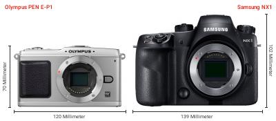 Größenvergleich: OM System PEN E-P1 vs. Samsung NX1 Größenvergleich: OM System PEN E-P1 vs. Samsung NX1