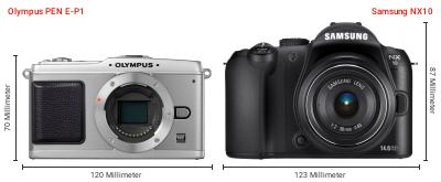 Größenvergleich: OM System PEN E-P1 vs. Samsung NX10 Größenvergleich: OM System PEN E-P1 vs. Samsung NX10