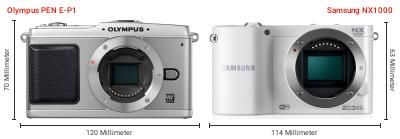 Größenvergleich: OM System PEN E-P1 vs. Samsung NX1000 Größenvergleich: OM System PEN E-P1 vs. Samsung NX1000