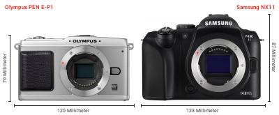 Größenvergleich: Olympus PEN E-P1 vs. Samsung NX11 Größenvergleich: Olympus PEN E-P1 vs. Samsung NX11