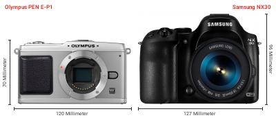 Größenvergleich: OM System PEN E-P1 vs. Samsung NX30 Größenvergleich: OM System PEN E-P1 vs. Samsung NX30
