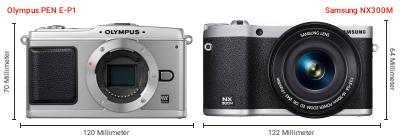 Größenvergleich: OM System PEN E-P1 vs. Samsung NX300M Größenvergleich: OM System PEN E-P1 vs. Samsung NX300M