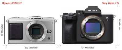 Größenvergleich: OM System PEN E-P1 vs. Sony Alpha 7 IV