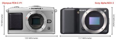 Größenvergleich: OM System PEN E-P1 vs. Sony Alpha NEX-3 Größenvergleich: OM System PEN E-P1 vs. Sony Alpha NEX-3