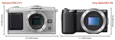 Größenvergleich: OM System PEN E-P1 vs. Sony Alpha NEX-5N Größenvergleich: OM System PEN E-P1 vs. Sony Alpha NEX-5N