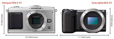 Größenvergleich: OM System PEN E-P1 vs. Sony Alpha NEX-5T Größenvergleich: OM System PEN E-P1 vs. Sony Alpha NEX-5T
