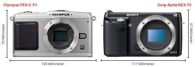 Größenvergleich: OM System PEN E-P1 vs. Sony Alpha NEX-F3 Größenvergleich: OM System PEN E-P1 vs. Sony Alpha NEX-F3