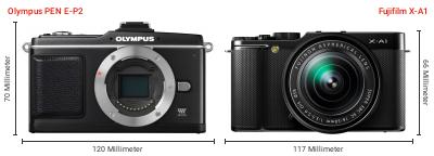 Größenvergleich: OM System PEN E-P2 vs. Fujifilm X-A1 Größenvergleich: OM System PEN E-P2 vs. Fujifilm X-A1