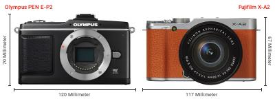 Größenvergleich: OM System PEN E-P2 vs. Fujifilm X-A2 Größenvergleich: OM System PEN E-P2 vs. Fujifilm X-A2