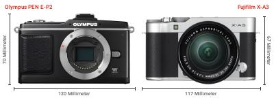 Größenvergleich: OM System PEN E-P2 vs. Fujifilm X-A3 Größenvergleich: OM System PEN E-P2 vs. Fujifilm X-A3