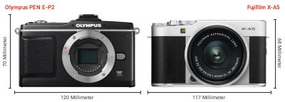 Größenvergleich: OM System PEN E-P2 vs. Fujifilm X-A5 Größenvergleich: OM System PEN E-P2 vs. Fujifilm X-A5