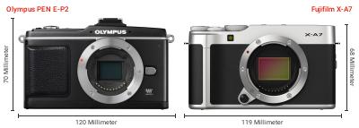 Größenvergleich: OM System PEN E-P2 vs. Fujifilm X-A7