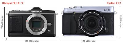 Größenvergleich: OM System PEN E-P2 vs. Fujifilm X-E1 Größenvergleich: OM System PEN E-P2 vs. Fujifilm X-E1