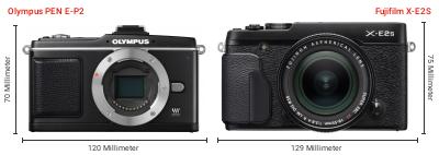 Größenvergleich: OM System PEN E-P2 vs. Fujifilm X-E2S Größenvergleich: OM System PEN E-P2 vs. Fujifilm X-E2S