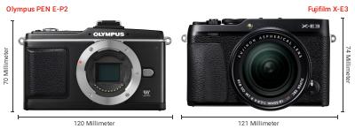 Größenvergleich: OM System PEN E-P2 vs. Fujifilm X-E3 Größenvergleich: OM System PEN E-P2 vs. Fujifilm X-E3
