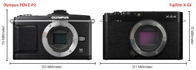Größenvergleich: OM System PEN E-P2 vs. Fujifilm X-E4 Größenvergleich: OM System PEN E-P2 vs. Fujifilm X-E4