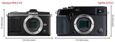 Größenvergleich: OM System PEN E-P2 vs. Fujifilm X-Pro1 Größenvergleich: OM System PEN E-P2 vs. Fujifilm X-Pro1
