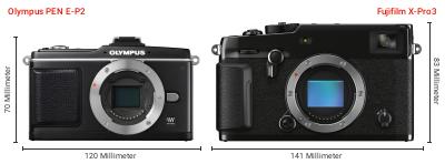 Größenvergleich: OM System PEN E-P2 vs. Fujifilm X-Pro3 Größenvergleich: OM System PEN E-P2 vs. Fujifilm X-Pro3