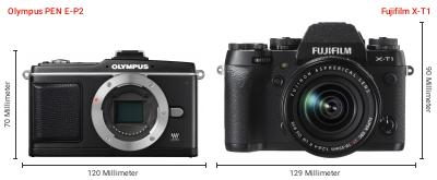 Größenvergleich: OM System PEN E-P2 vs. Fujifilm X-T1 Größenvergleich: OM System PEN E-P2 vs. Fujifilm X-T1