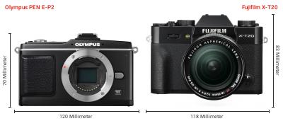 Größenvergleich: OM System PEN E-P2 vs. Fujifilm X-T20 Größenvergleich: OM System PEN E-P2 vs. Fujifilm X-T20