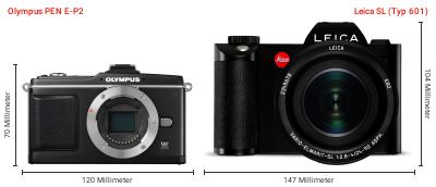 Größenvergleich: OM System PEN E-P2 vs. Leica SL (Typ 601) Größenvergleich: OM System PEN E-P2 vs. Leica SL (Typ 601)