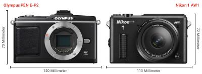 Größenvergleich: OM System PEN E-P2 vs. Nikon 1 AW1 Größenvergleich: OM System PEN E-P2 vs. Nikon 1 AW1