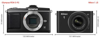 Größenvergleich: OM System PEN E-P2 vs. Nikon 1 J3 Größenvergleich: OM System PEN E-P2 vs. Nikon 1 J3