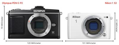 Größenvergleich: OM System PEN E-P2 vs. Nikon 1 S2 Größenvergleich: OM System PEN E-P2 vs. Nikon 1 S2