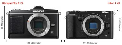 Größenvergleich: OM System PEN E-P2 vs. Nikon 1 V3 Größenvergleich: OM System PEN E-P2 vs. Nikon 1 V3